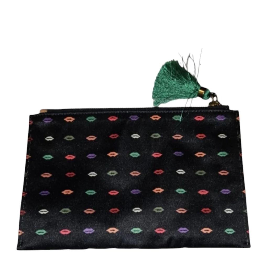 J Crew Make Up Bag Black with Lip Design Pattern & Tassle